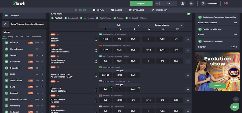 Screenshot of the 7bet live betting page
