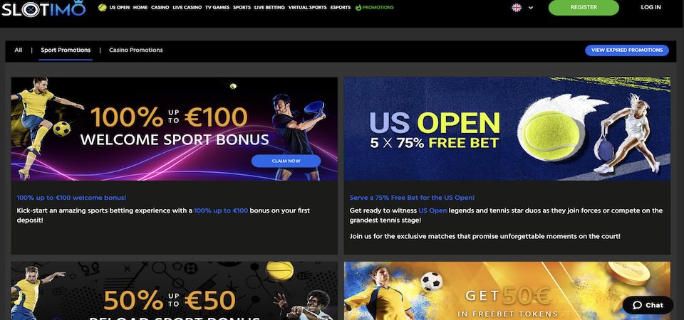 screenshot of the slotimo bonuses page